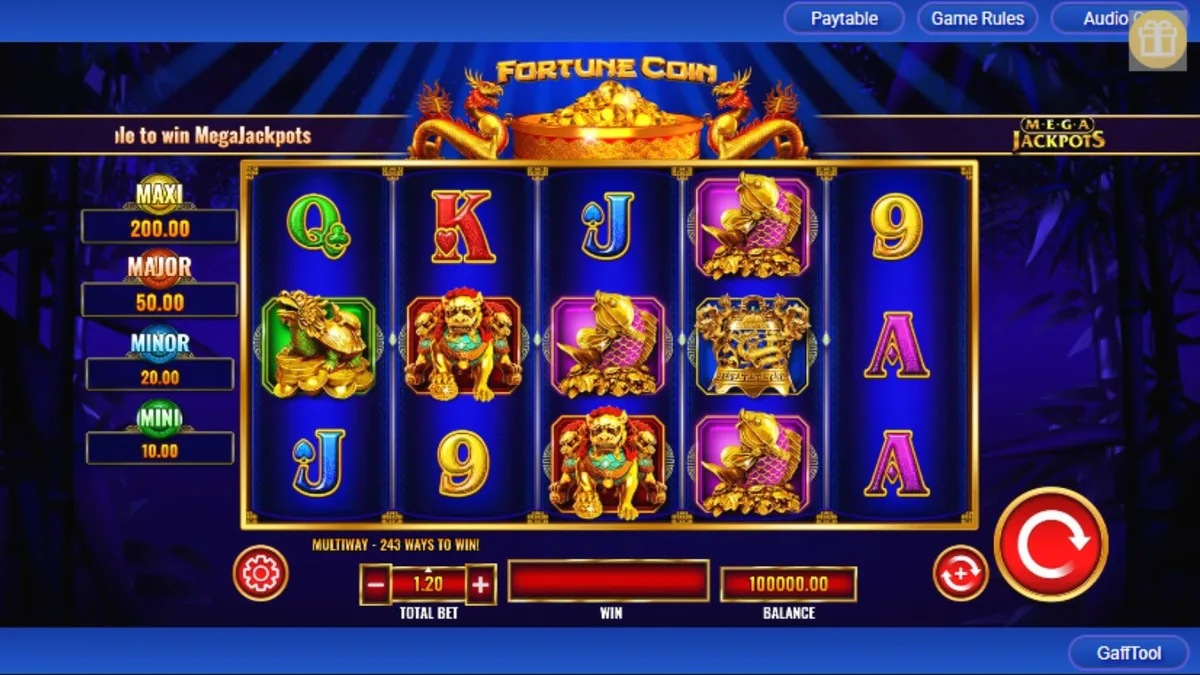 Tampilan visual slot Fortune Coin Mega Jackpot dengan nuansa emas dan simbol keberuntungan Asia.