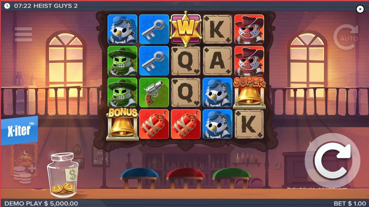Tiga bandit lucu dalam latar belakang gurun Wild West di slot Heist Guys 2