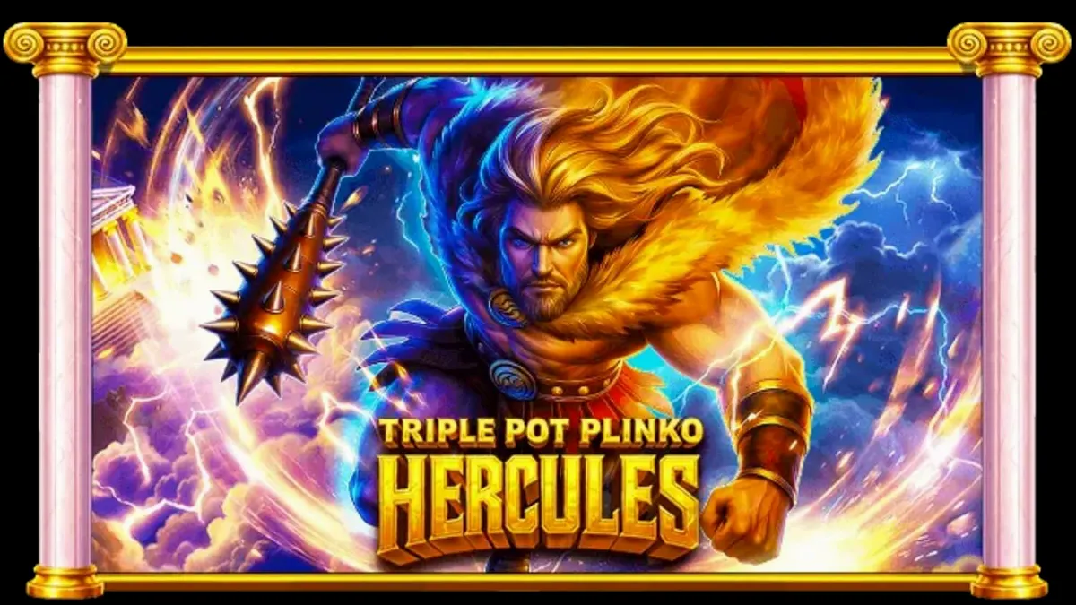 Tampilan visual slot Triple Pot Plinko – Hercules dengan latar belakang Gunung Olympus