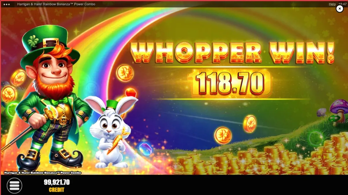Tampilan visual slot Harrigan & Hare Rainbow Bonanza Power Combo dengan tema Irlandia